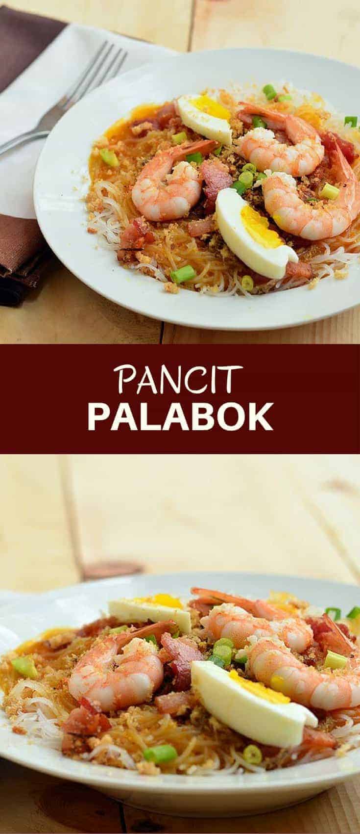 Pancit Palabok是一个美味的菲律宾面条盘，虾肉汁，虾，熏鱼片，猪肉串和鸡蛋。丰盛和美味的咸味，它是一盏粉或任何时间的小吃。