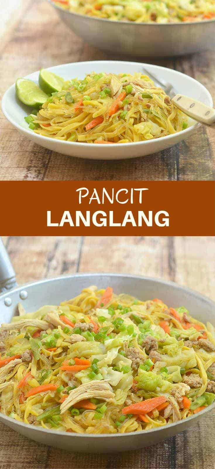 Pancit Langlang是一种美味的miki和玻璃纸面条的美味组合，猪肉，片鸡肉，鸡肉和嫩脆的蔬菜。丰盛和美味，这对于家庭晚宴或特殊聚会来说是完美的。GydF4y2Ba